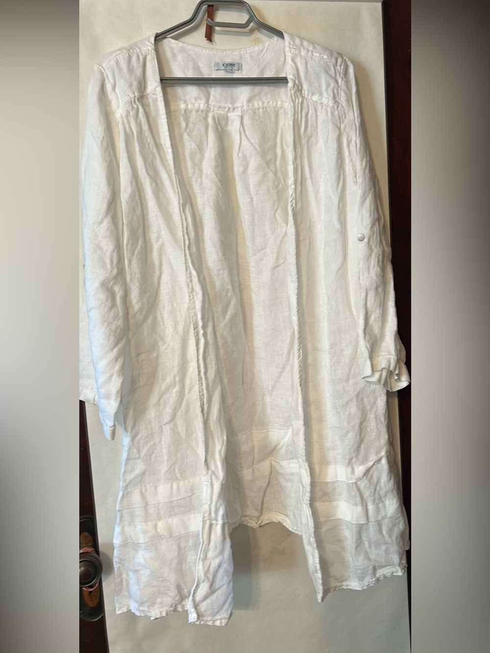 white 100% linen long cardigan or open-front tunic jacket by Rosemarine, 2XL